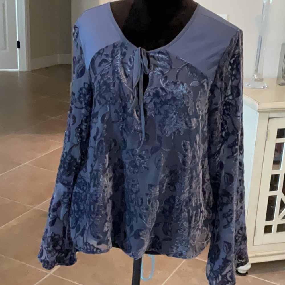 BUFFALO David Bitton sheer top with velvet burnout floral pattern, gray, size M
